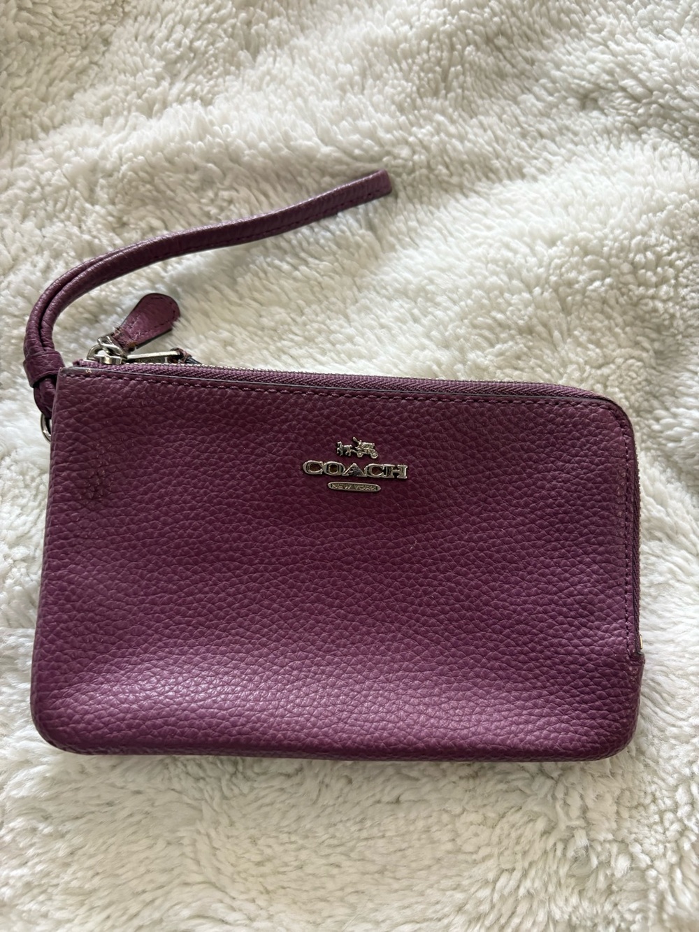COACH Plum Pebbled Leather Double Zippered Wristlet Clutch